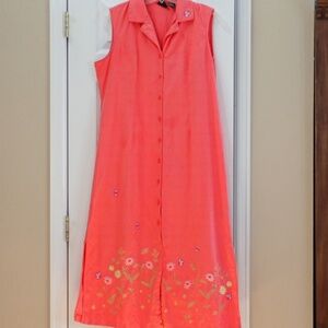 Erika Womens Dress Sz Large Maxi Coral Linen Rayon Embroidered Floral Butterfly